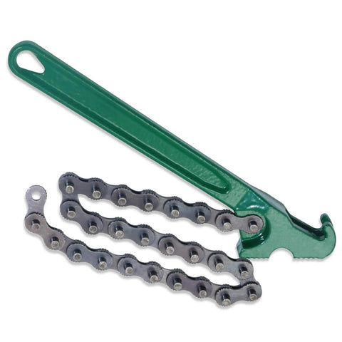 Chain wrench with green handle and metal chain, used for gripping round objects in automotive and plumbing tasks.