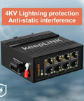 Eight Port Industrial Ethernet Switch Unmanaged 10/100 Mbps DIN Rail Network Switch showing 4kV lightning and anti-static protection.