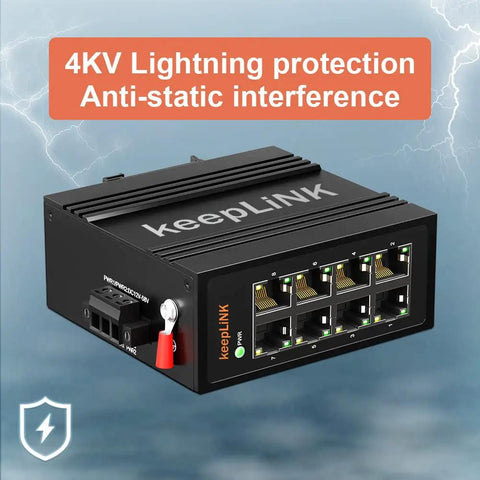 Eight Port Industrial Ethernet Switch Unmanaged 10/100 Mbps DIN Rail Network Switch showing 4kV lightning and anti-static protection.