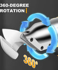 AUTOJARE Cordless Metal Shear Brushless Cutter 295 Ft Lbs Torque With 360 Degree Pivoting Head showing 360-degree rotation feature.