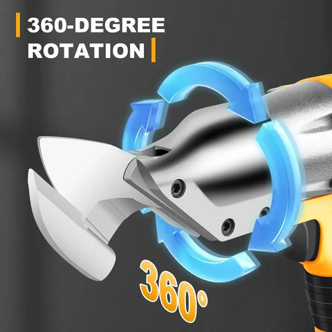AUTOJARE Cordless Metal Shear Brushless Cutter 295 Ft Lbs Torque With 360 Degree Pivoting Head showing 360-degree rotation feature.