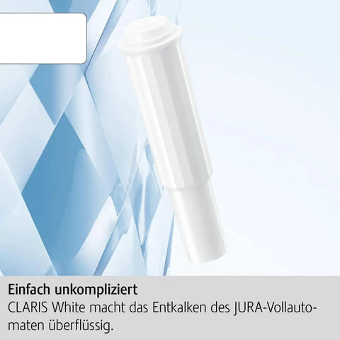 Premium Three Pack Water Filter Cartridges For Automatic Coffee Machines, white, designed to block limescale, showcased against blue crystal background.