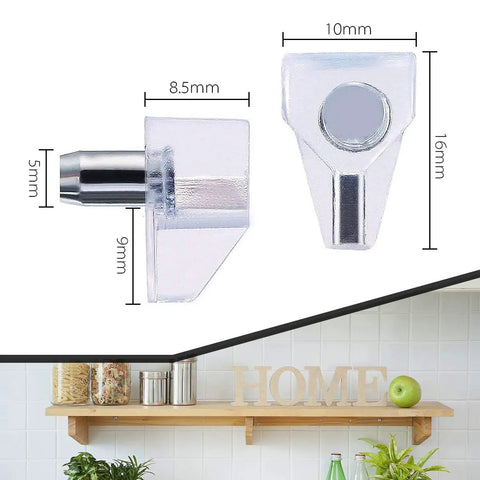 Heavy Duty Clear Shelf Support Pegs For Cabinet Furniture And Bookshelves 100 Pack Invisible Steel Core with dimensions 10mm x 16mm.