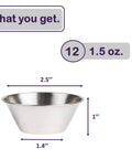 Stainless Steel Sauce Cups Set 12-Pack Small Dipping Ramekins for Condiments Commercial Grade, 1.5 Oz, dimensions labeled.