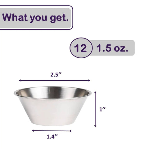 Stainless Steel Sauce Cups Set 12-Pack Small Dipping Ramekins for Condiments Commercial Grade, 1.5 Oz, dimensions labeled.