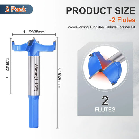 Built Tough Forstner Drill Bits Two Pack 1.5 Inch 38mm Tungsten Carbide Tipped woodworking bit shown with dimensions and flutes.