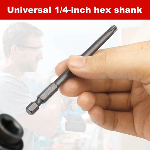 Universal 1/4-inch hex shank from 11 Piece Killer Security Torx Bit Set Tamper Proof Star Driver Bits, S2 steel construction.