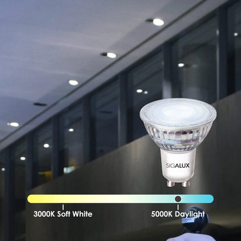 GU10 Dimmable LED Bulbs Daylight 5000K Four Point Five Watt 450 Lumen MR16 Style Spotlight in modern track lighting setting