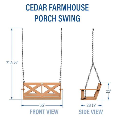Front and side view of 55 Inch Cedar Wood Farmhouse Outdoor Porch Swing Bench With Two Person Seating And Durable Hanging Chains