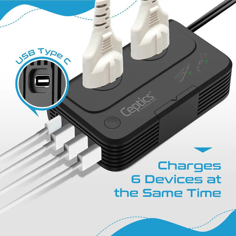 Six In One Travel Adapter And Voltage Converter With Surge Protection for 220V To 110V Countries, showing 6 device charging.