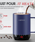 Smart Self Heating Coffee Mug With Advanced Temperature Control And AI Auto Warm Tech Keeps Your Morning Joe Piping Hot In A Sleek 16 Oz Insulated Travel Cup Designed For Office Use Or Commutes, blue mug with steaming coffee being poured.