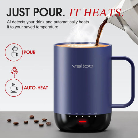 Smart Self Heating Coffee Mug With Advanced Temperature Control And AI Auto Warm Tech Keeps Your Morning Joe Piping Hot In A Sleek 16 Oz Insulated Travel Cup Designed For Office Use Or Commutes, blue mug with steaming coffee being poured.