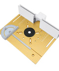 Precision Router Lift System With Aluminum Insert Plate And Wood Routing Base For Workbenches, angled view showing precise measurements.