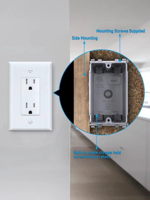 12 Pack 22.5 Cu In Single Gang Electrical Outlet Box For New Work Side Mounted Plug And Play Quick Room Setup recessed wall outlet with gray PVC box