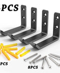 4-pack jack-stand wall hooks; black metal with mounting holes, includes screws and yellow wall anchors.