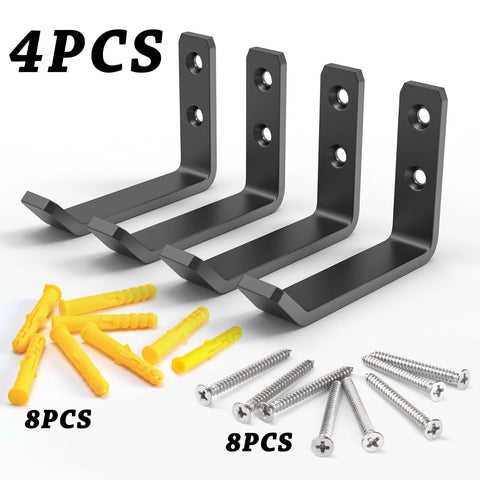 4-pack jack-stand wall hooks; black metal with mounting holes, includes screws and yellow wall anchors.