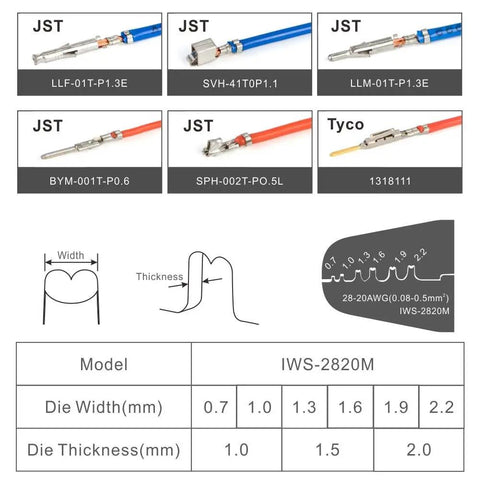 Pro Grade Mini Micro Open Barrel Crimping Tool For AWG 28 20 Terminals Including JAM Molex Tyco JST Connectors size chart