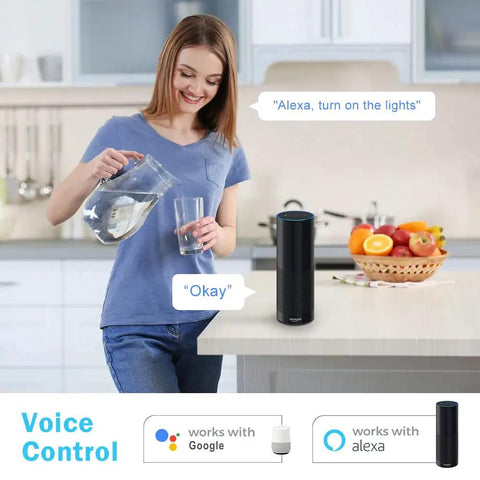 Woman using voice control with Alexa for 2 Inch Smart LED Recessed Light Kit With 5W RGB Color Changing And CCT 2700K To 6500K