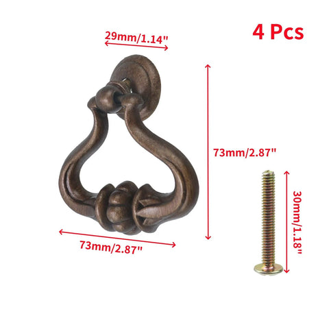 Vintage Drop Ring Drawer Pull in bronze zinc alloy with 73mm height and 30mm screw. 4 pack for cabinets and dressers, enhancing rustic furniture.