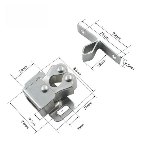 Heavy Duty Double Roller Cabinet Catch Set For Furniture 20 Pack Silver Finish with dimensions