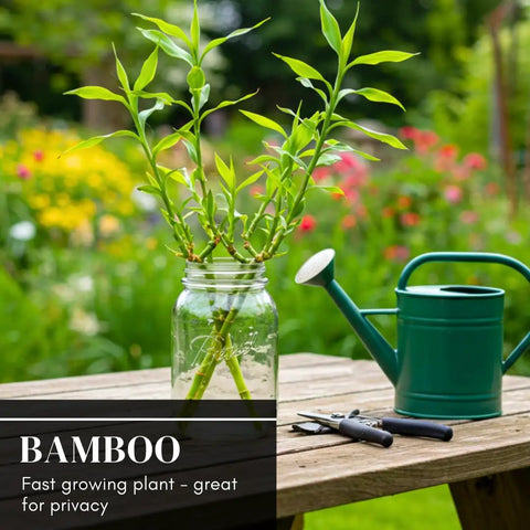Fast Growing Bamboo Seeds For Privacy Screen And Windbreak, Giant 420 Black Bamboo displayed in a jar with gardening tools