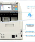 Heavy Duty Money Counter Machine For Multi Currency Bill Scanning And Smart Counterfeit Detection With Auto Serial Logging And No Sweat Cash Handling For Daily Money Managers And Hustlers, showing USB interface and control panel.