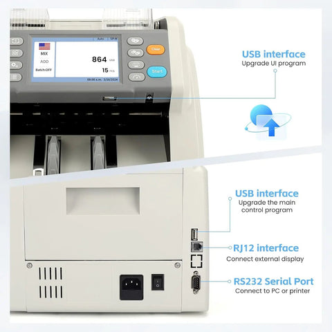 Heavy Duty Money Counter Machine For Multi Currency Bill Scanning And Smart Counterfeit Detection With Auto Serial Logging And No Sweat Cash Handling For Daily Money Managers And Hustlers, showing USB interface and control panel.