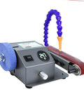 Heavy Duty Wet And Dry Bench Belt Sander With Adjustable Speed Multi-Angle Head, Includes 10 Sanding Belts For Knife Sharpening Metal Polishing Wood Crafts And DIY Projects Ideal Workshop Tool displayed with blue foam pad and digital display.