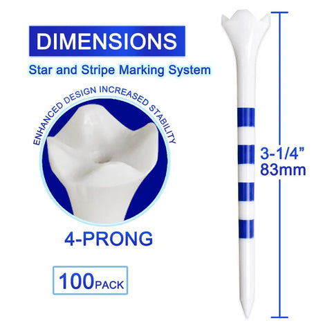 3 1/4 Inch Golf Tees 100 Pack, 4 Prong Plastic Tees For Reduced Friction And Side Spin, Pro Grade Durable ABS Construction, High Visibility