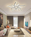 Modern Flower Shaped Dimmable Led Ceiling Light Fixture With Remote Control in a stylish living room setting.