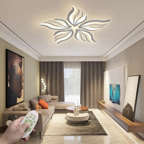 Modern Flower Shaped Dimmable Led Ceiling Light Fixture With Remote Control in a stylish living room setting.
