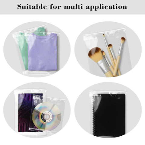 Crystal Clear 11x14 Self Sealing Sleeves Pack Of 100, 1.6 Mil Acid Free Resealable Bags holding clothes, brushes, CD, and notebook