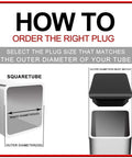 How to order Solid As A Rock Square Tube Plugs Pack Of Eight shows measurements for selecting the right plug size for tube fitting.