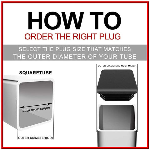 How to order Solid As A Rock Square Tube Plugs Pack Of Eight shows measurements for selecting the right plug size for tube fitting.