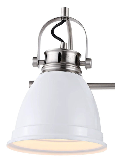 Close-up of Three Light LED Vanity Light With Adjustable Wall Sconce In White Nickel Finish with iron black bell shade