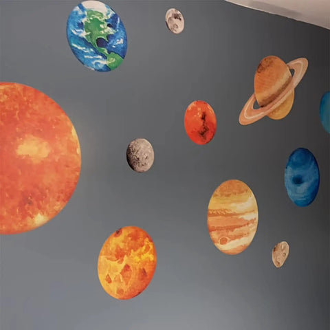 Solar System Wall Stickers For Kids Large Planet Wall Decal Space Room Decor For Bedroom Classroom Playroom Nursery Non Toxic Vinyl With Matte Finish Eco Friendly Durable Educational Gift Idea showing planets on a gray wall
