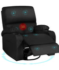 Rocking Recliner Chair With Massage And Heat, 360 Degree Swivel Faux Leather Lounge Chair reclined showing massage points.