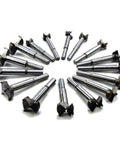 16 Piece Forstner Drill Bit Set With High Strength Steel Build arranged in a circular pattern for precision woodworking.
