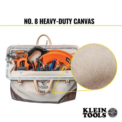 Heavy Duty Natural Canvas Tool Bag With Wide Hinged Opening, Leather Handles, Riveted Construction, filled with tools