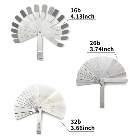 Feeler gauge set, stainless steel; 2-pack 32/26-blade gauges and 1-pack offset 16-blade gauge with dual marks.