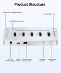 Built Different Five Bay M.2 NVMe SATA SSD Docking Station with power interface and clone mode controls.