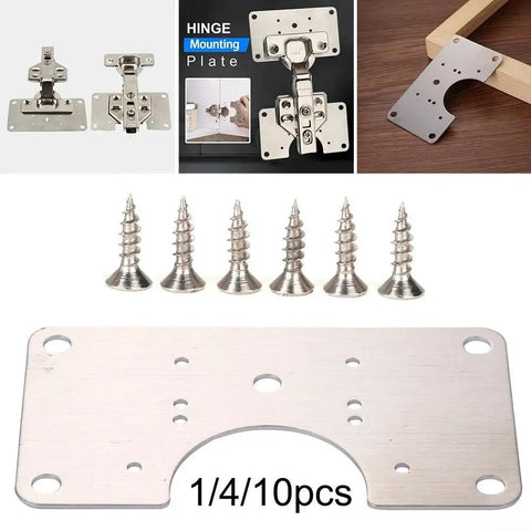 Stainless Steel Hinge Repair Plates Kit For Quick Kitchen Installations And Fixes With 1, 4 Or 10 Plates And Screws displayed