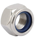 Top Shelf 2 Piece M18 X 1.5mm Metric Stainless Steel Hex Lock Nuts, showing rust proof grade 304 construction and inner blue lock ring.