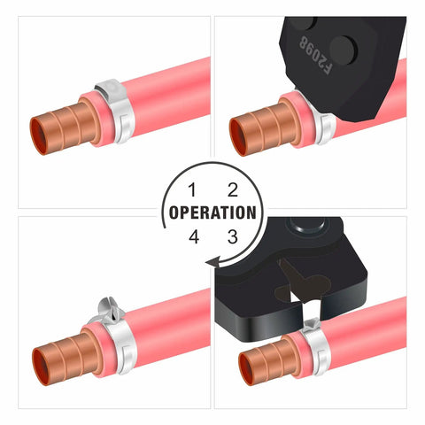 Step-by-step use of Pinch Clamp Removal Tool For PEX Cinch Clamps on stainless steel clamps with copper piping, detailed view
