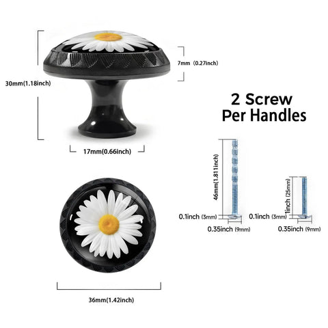 12 Pack White Daisy Cabinet Knobs With Bright Yellow Center On Matte Black Base For Kitchen And Bathroom Drawers, dimensions 1.37x1.1x0.66 inches.