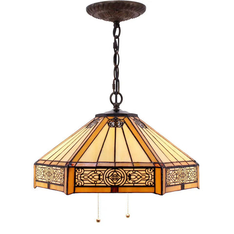 Yellow Hexagon Stained Glass Tiffany Style Pendant Light Fixture With Mission Design Hanging Lamp, 16 Inch Shade, S011 Series