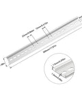 12 Inch 35mm Wide Top Hat Slotted Aluminum DIN Rail Mounts, Two Pack, dimensions illustration with close-up detail
