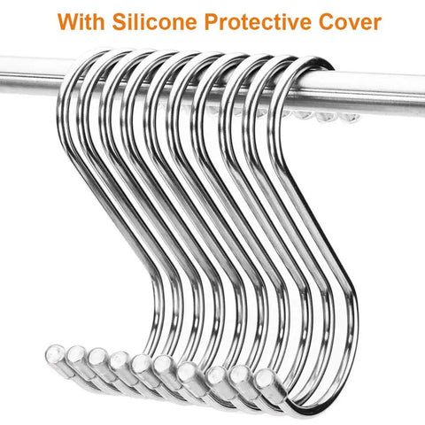 Ten Pack Heavy Duty Stainless Steel S Hooks for Hanging 3.07 Inch S Shaped Hangers for Plants, Pots, Pans, Cups, and Clothes, Easy Kitchen Organization in Silver, with silicone protective cover on rod