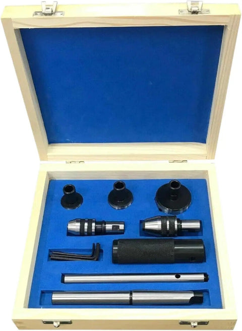 Rock Solid 8-Piece MT2 Morse Taper Lathe Tailstock Tap And Die Holder Kit With Professional Threading Set, Chuck Holders, Knurled Sleeves, Stop Handle And Premium Wooden Box For Serious Machinista Pros., wooden box with MT2 holders, sleeves, stop handle