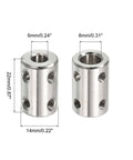 Stainless Steel Shaft Coupler Connector L22 X D14 6mm To 8mm Bore Rigid Coupling With Screw For 3D Printers Diy Projects Motors And Fully Threaded Rods Silver 4 Pack angled view showing dimensions